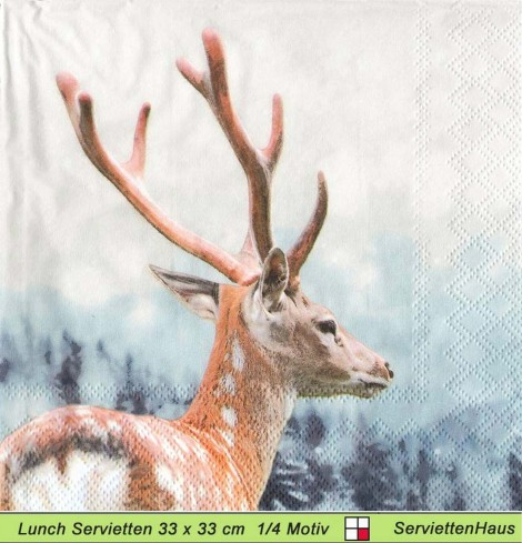 Hirsch vor schneebedecktem Wald - 1 Lunch Serviette - halbes Motiv